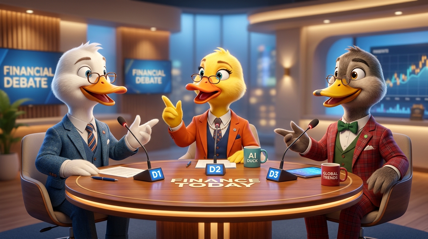 Three AI ducks in business suits debating market trends around a glowing trading table